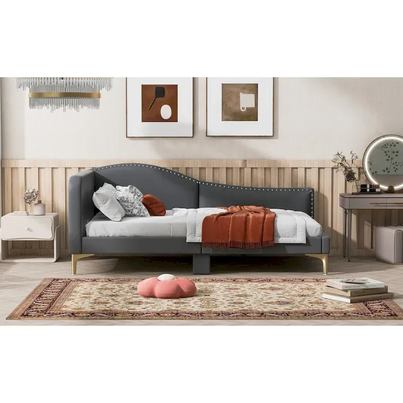 Upholstered Chaise Lounge Side Daybed with Curved Nailhead Trim Guardrail and Headboard, Platform Bed Sofa Bed Recliner Chairs
