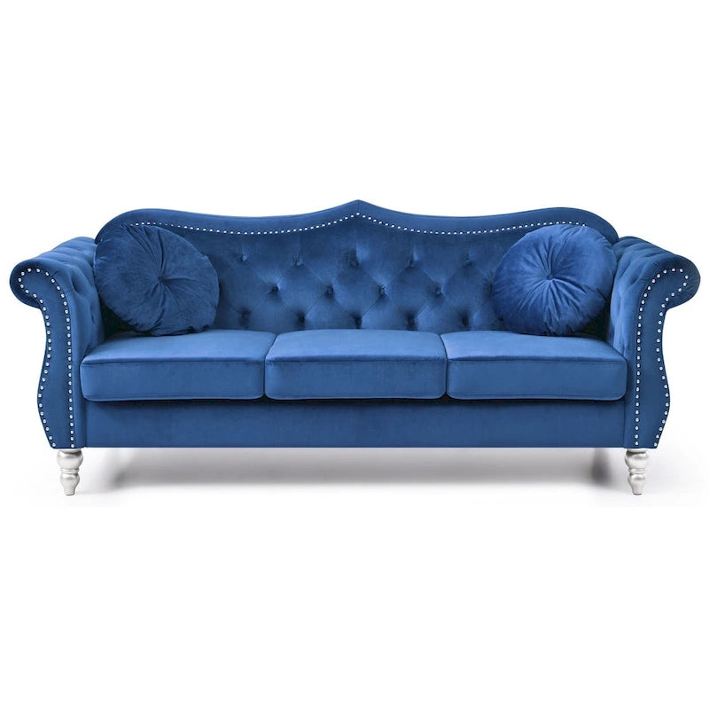 Velvet Tufted Chesterfield 3-Seater Sofa with Throw Pillows - 82   - Blue