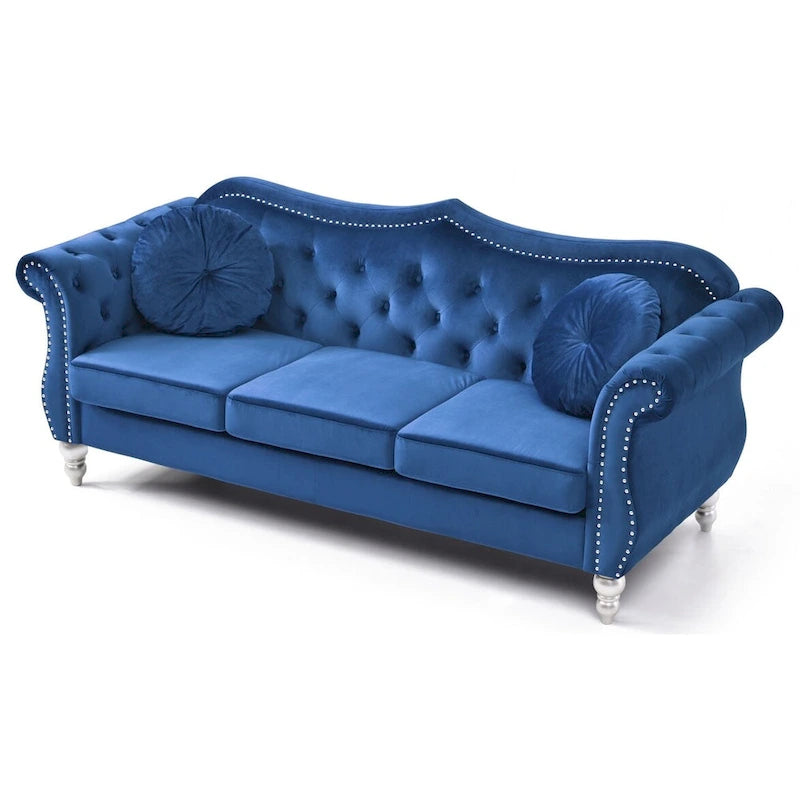 Velvet Tufted Chesterfield 3-Seater Sofa with Throw Pillows - 82   - Blue