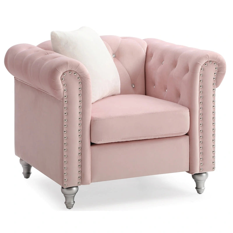 Solid Tufted Velvet Accent Chair with Throw Pillow - 38   - Pink