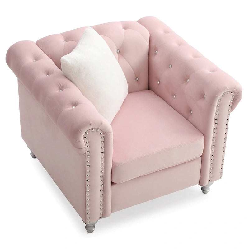 Solid Tufted Velvet Accent Chair with Throw Pillow - 38   - Pink
