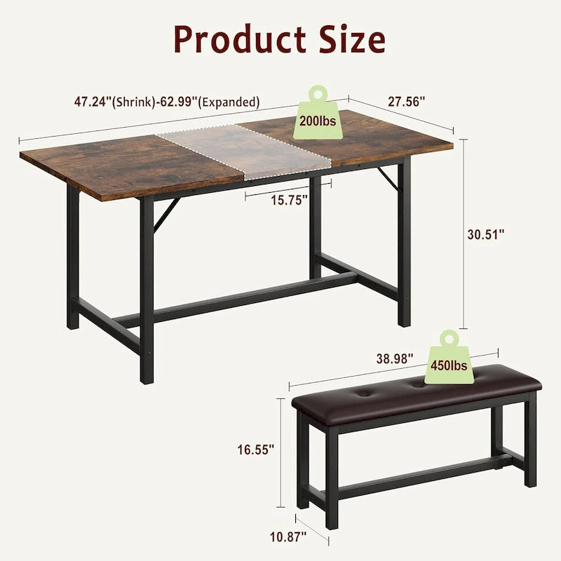 3 Piece Large Extendable Kitchen Table Set for 6