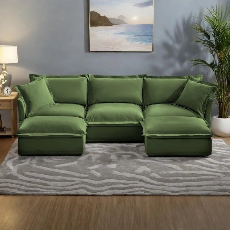 120   U-Shaped Chenille Sectional Sofa with 3-Seater and French Edge Pillows & Cloud Cushions