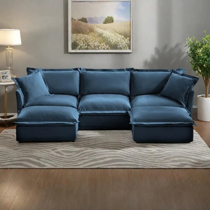120   U-Shaped Chenille Sectional Sofa with 3-Seater and French Edge Pillows & Cloud Cushions