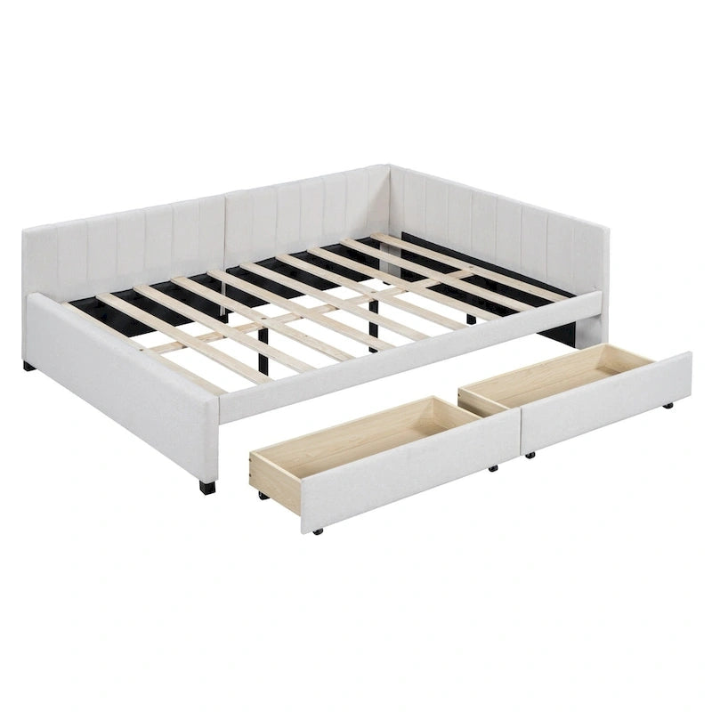 Full Size Upholstered Daybed with 2 Storage Drawers Sofa Bed Frame No Box Spring Needed, Linen Fabric, Beige