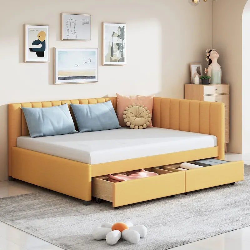 Full Size Upholstered Daybed with 2 Storage Drawers Sofa Bed Frame No Box Spring Needed, Linen Fabric, Beige