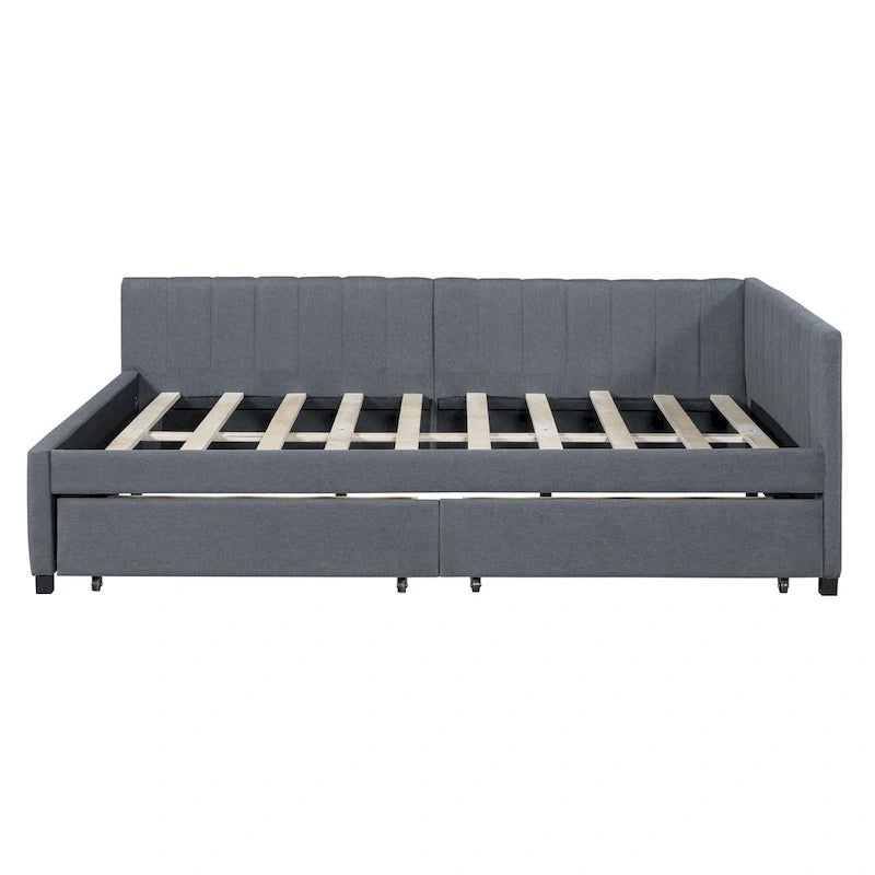 Full Size Upholstered Daybed with 2 Storage Drawers Sofa Bed Frame No Box Spring Needed, Linen Fabric, Beige