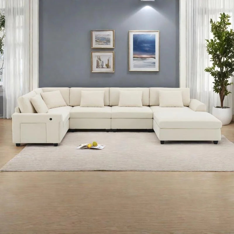 128   Chenille U-Shaped Sectional Sofa with Ottoman, 6-Seater Couch Set and Hidden Storage, USB Charging & Cup Holders