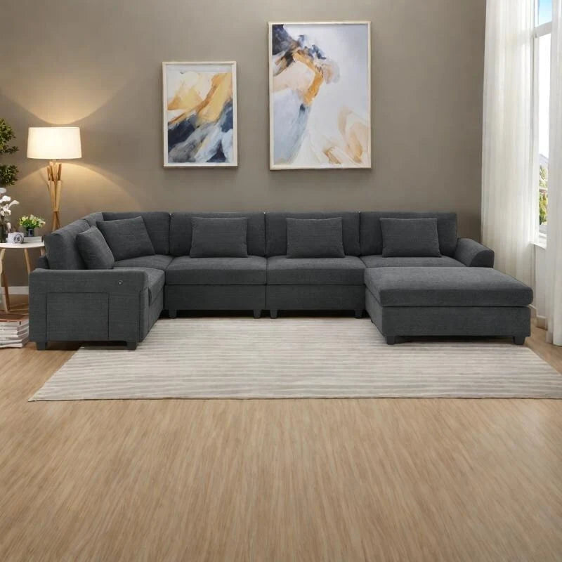 128   Chenille U-Shaped Sectional Sofa with Ottoman, 6-Seater Couch Set and Hidden Storage, USB Charging & Cup Holders