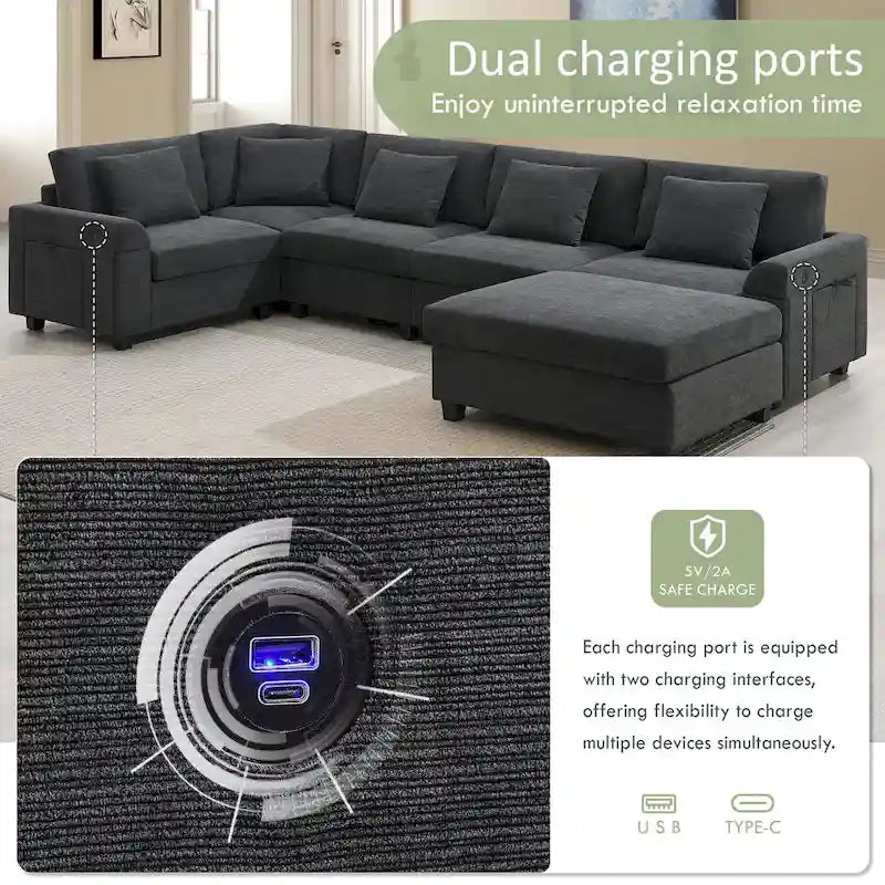128   Chenille U-Shaped Sectional Sofa with Ottoman, 6-Seater Couch Set and Hidden Storage, USB Charging & Cup Holders