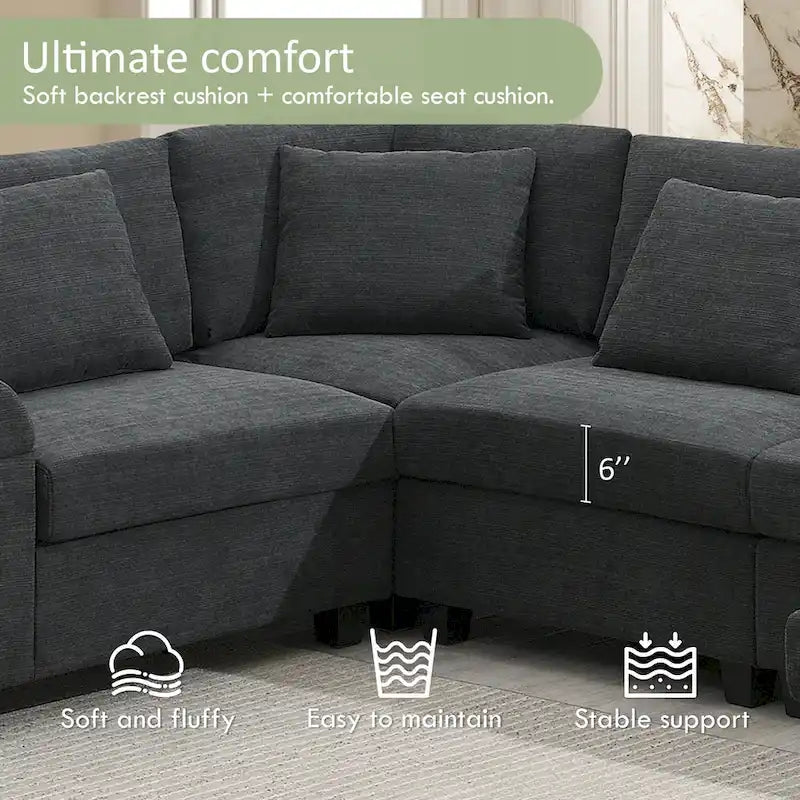 128   Chenille U-Shaped Sectional Sofa with Ottoman, 6-Seater Couch Set and Hidden Storage, USB Charging & Cup Holders
