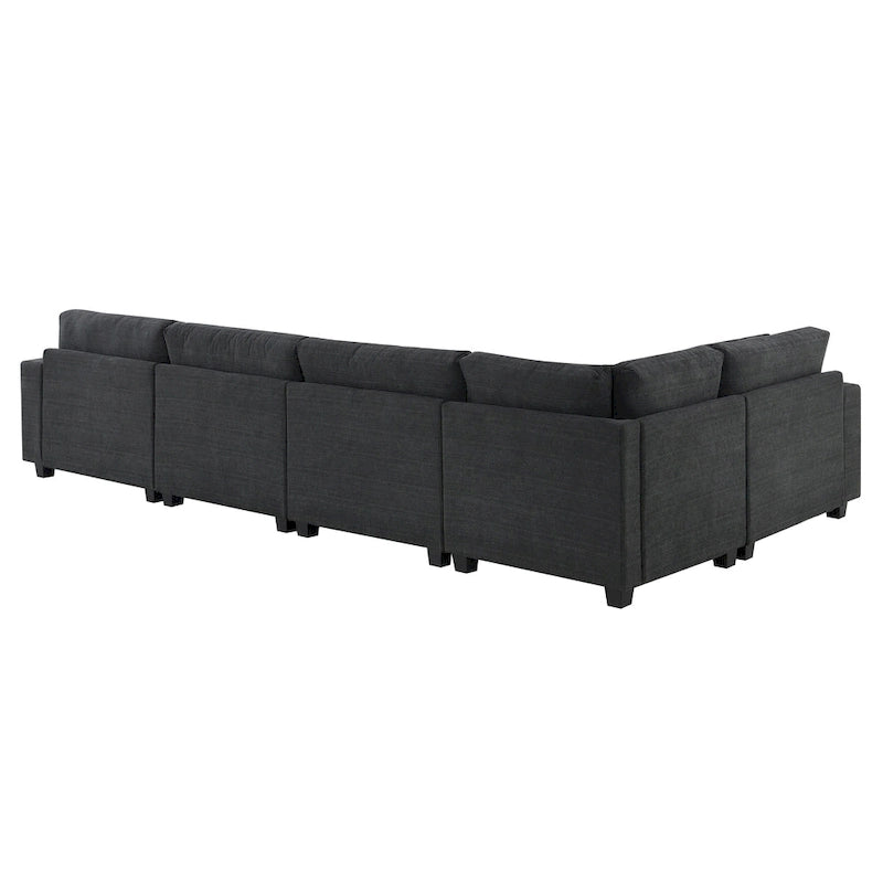 128   Chenille U-Shaped Sectional Sofa with Ottoman, 6-Seater Couch Set and Hidden Storage, USB Charging & Cup Holders