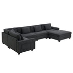 128   Chenille U-Shaped Sectional Sofa with Ottoman, 6-Seater Couch Set and Hidden Storage, USB Charging & Cup Holders