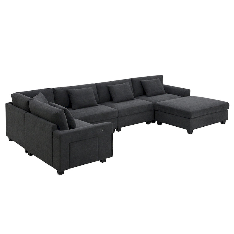128   Chenille U-Shaped Sectional Sofa with Ottoman, 6-Seater Couch Set and Hidden Storage, USB Charging & Cup Holders