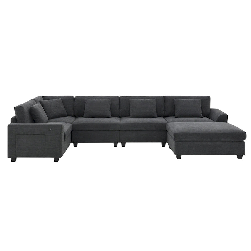 128   Chenille U-Shaped Sectional Sofa with Ottoman, 6-Seater Couch Set and Hidden Storage, USB Charging & Cup Holders