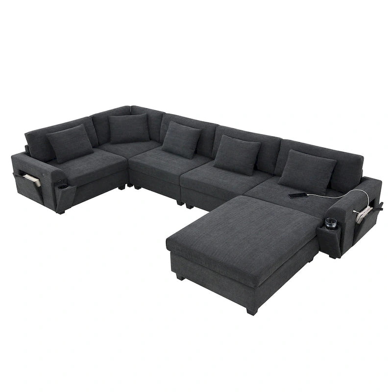 128   Chenille U-Shaped Sectional Sofa with Ottoman, 6-Seater Couch Set and Hidden Storage, USB Charging & Cup Holders