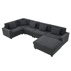 128   Chenille U-Shaped Sectional Sofa with Ottoman, 6-Seater Couch Set and Hidden Storage, USB Charging & Cup Holders