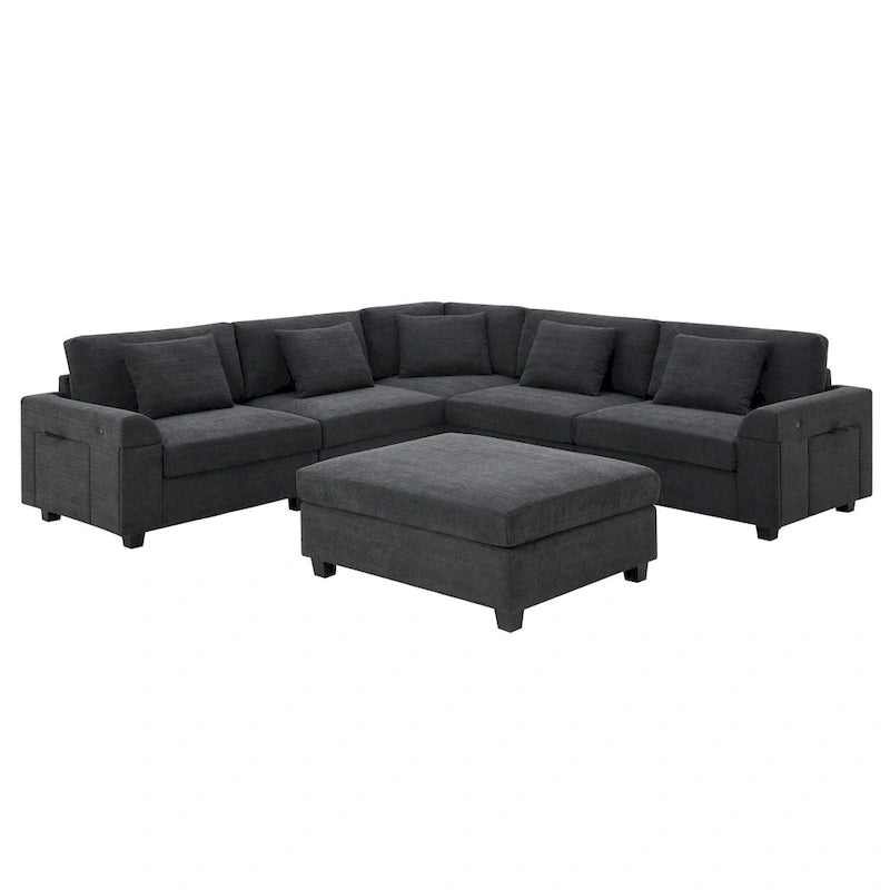 128   Chenille U-Shaped Sectional Sofa with Ottoman, 6-Seater Couch Set and Hidden Storage, USB Charging & Cup Holders