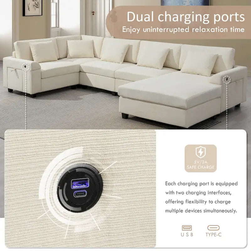 128   Chenille U-Shaped Sectional Sofa with Ottoman, 6-Seater Couch Set and Hidden Storage, USB Charging & Cup Holders