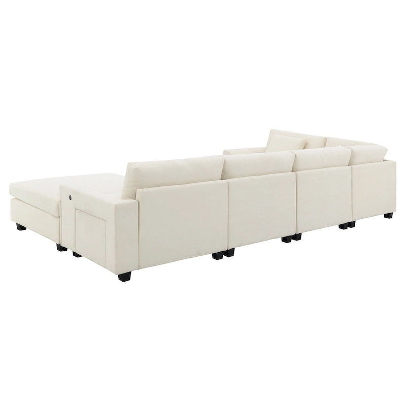 128   Chenille U-Shaped Sectional Sofa with Ottoman, 6-Seater Couch Set and Hidden Storage, USB Charging & Cup Holders