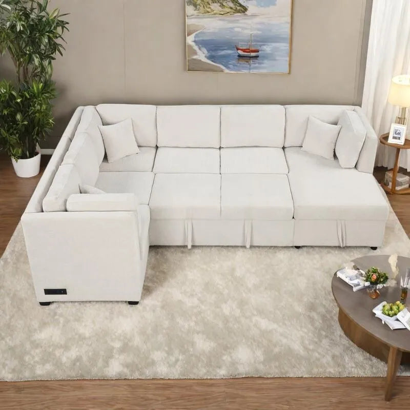 108.6   Chenille U-Shaped Sectional Sofa Bed with USB Ports, Storage Chaise, and 3 Back Pillows