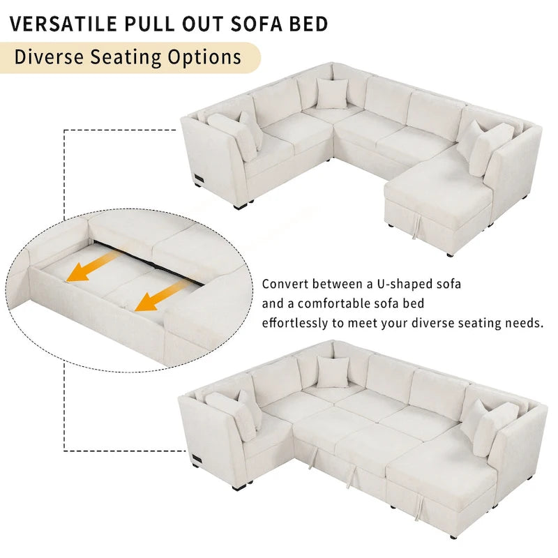 108.6   Chenille U-Shaped Sectional Sofa Bed with USB Ports, Storage Chaise, and 3 Back Pillows