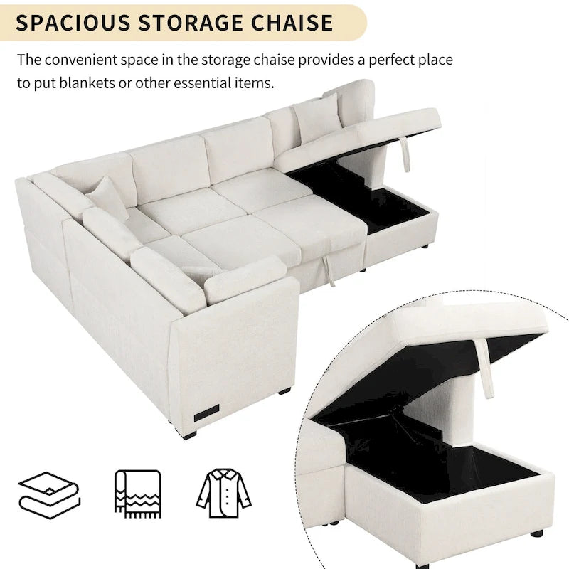 108.6   Chenille U-Shaped Sectional Sofa Bed with USB Ports, Storage Chaise, and 3 Back Pillows