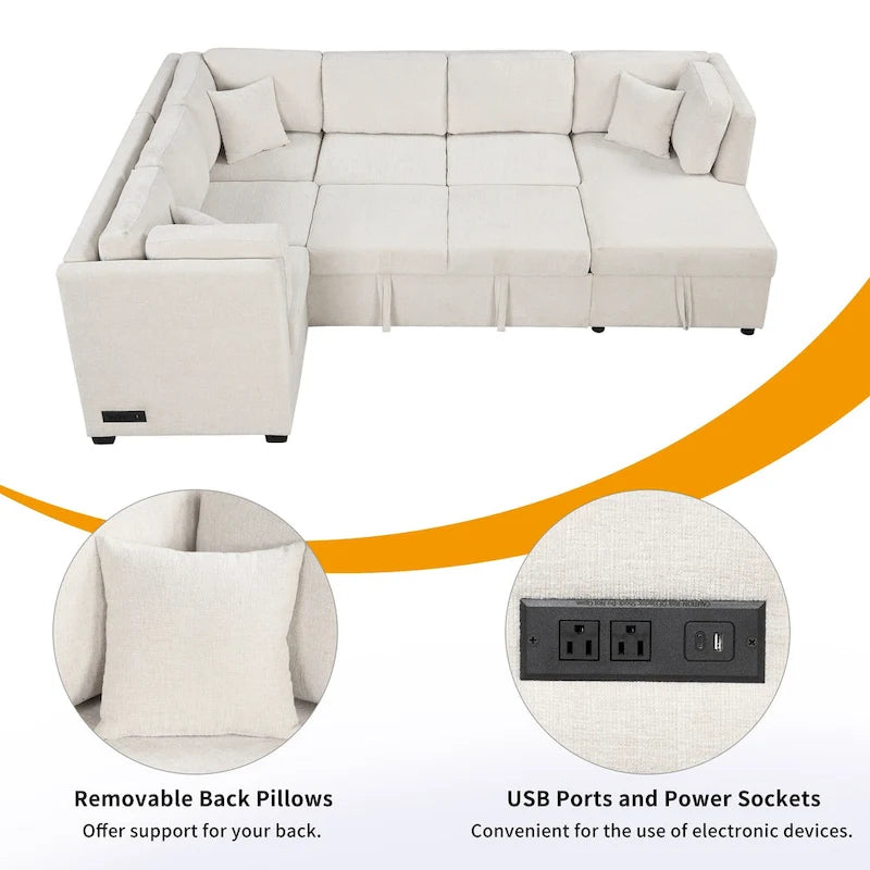 108.6   Chenille U-Shaped Sectional Sofa Bed with USB Ports, Storage Chaise, and 3 Back Pillows