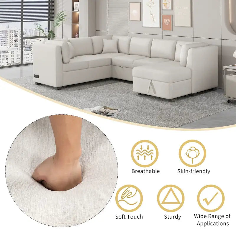 108.6   Chenille U-Shaped Sectional Sofa Bed with USB Ports, Storage Chaise, and 3 Back Pillows