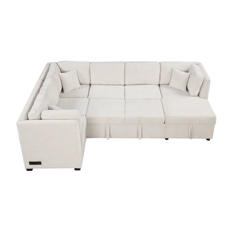 108.6   Chenille U-Shaped Sectional Sofa Bed with USB Ports, Storage Chaise, and 3 Back Pillows