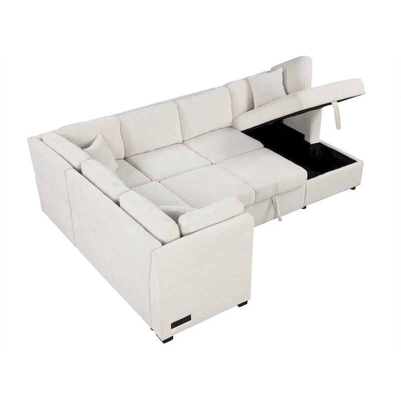 108.6   Chenille U-Shaped Sectional Sofa Bed with USB Ports, Storage Chaise, and 3 Back Pillows