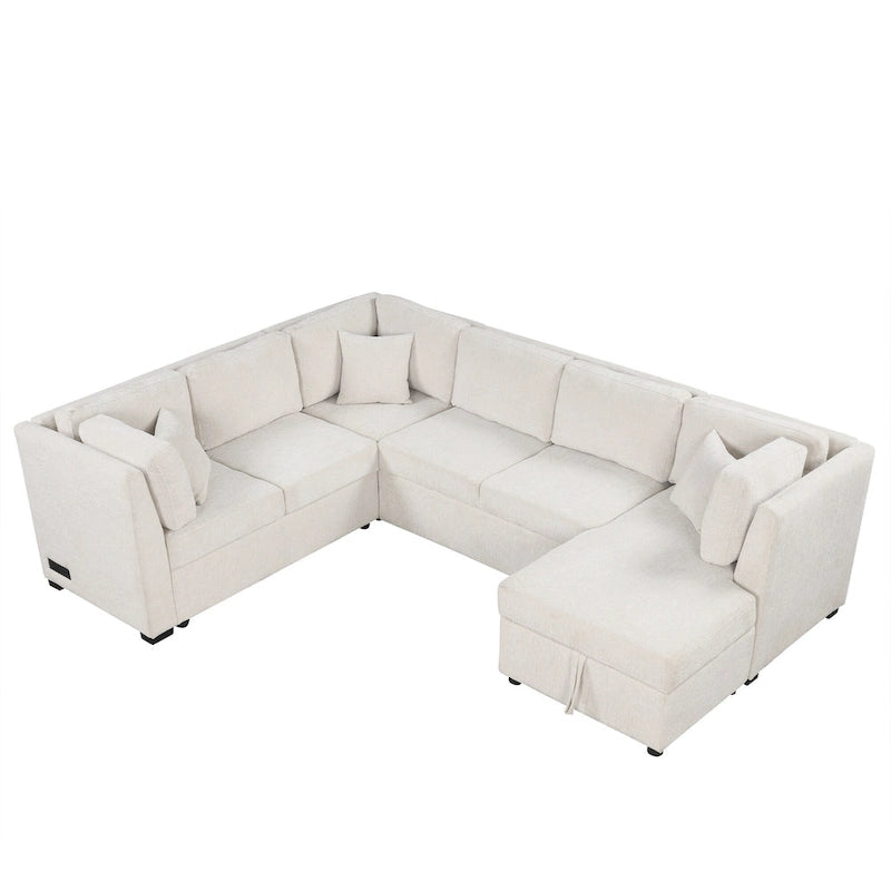 108.6   Chenille U-Shaped Sectional Sofa Bed with USB Ports, Storage Chaise, and 3 Back Pillows
