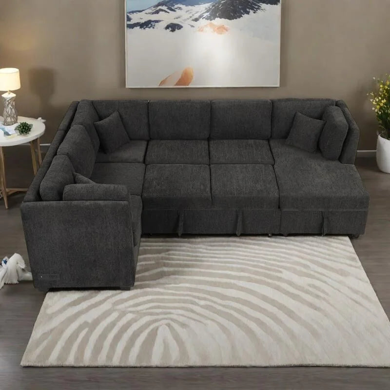108.6   Chenille U-Shaped Sectional Sofa Bed with USB Ports, Storage Chaise, and 3 Back Pillows