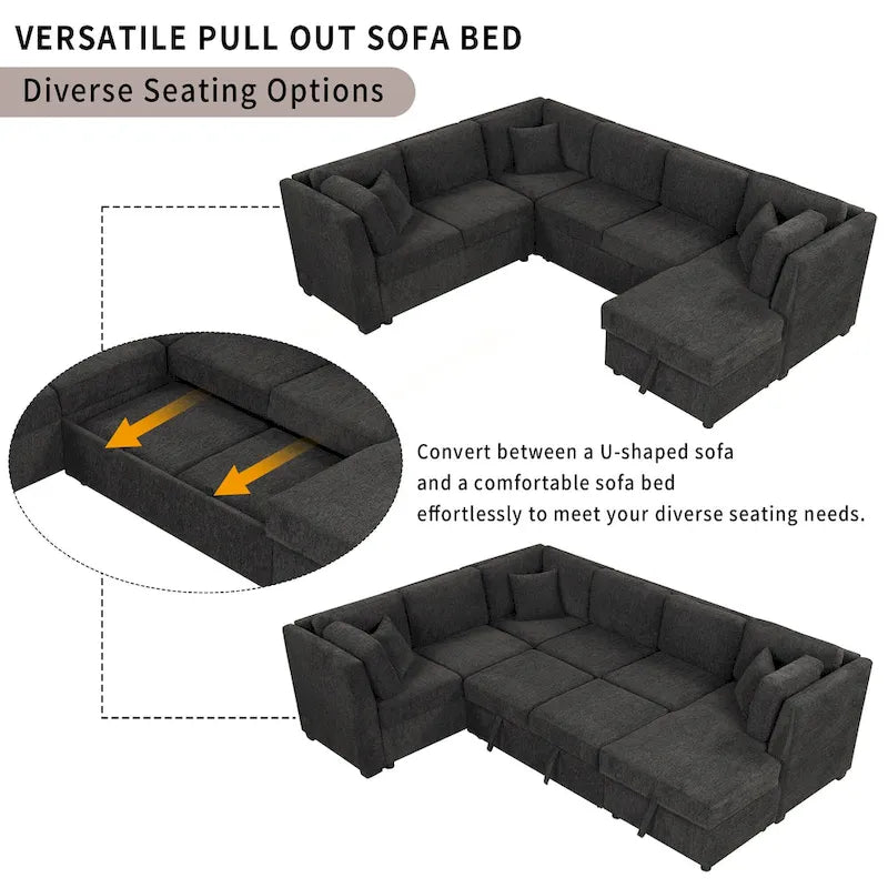 108.6   Chenille U-Shaped Sectional Sofa Bed with USB Ports, Storage Chaise, and 3 Back Pillows