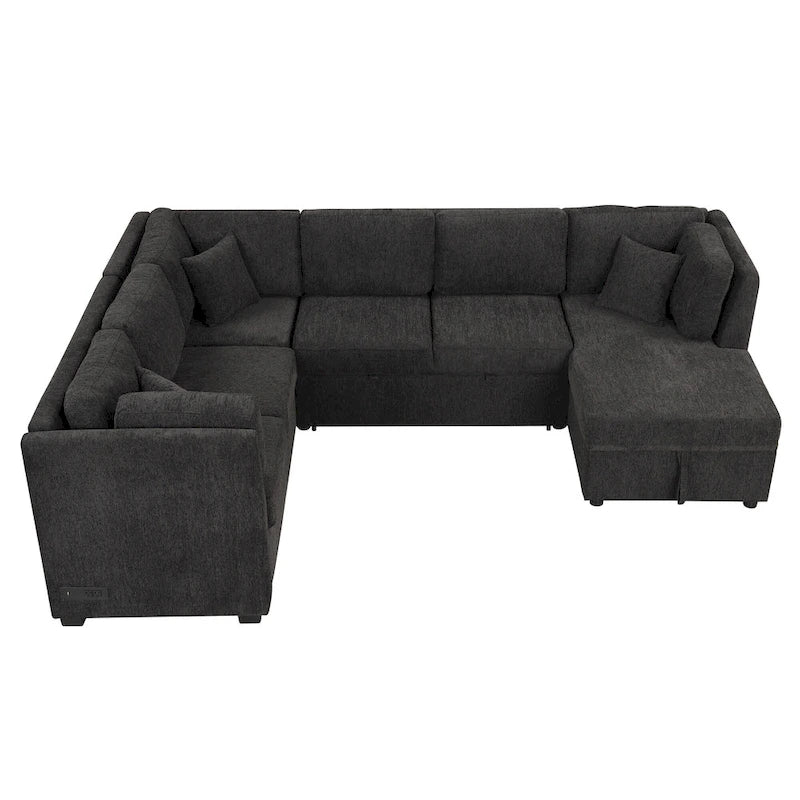 108.6   Chenille U-Shaped Sectional Sofa Bed with USB Ports, Storage Chaise, and 3 Back Pillows