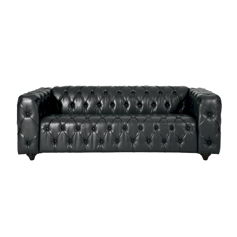 Arlo Sofa, Chesterfield Tufted Black Faux Leather Upholstery, Wood, 84 Inch