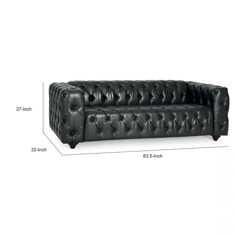 Arlo Sofa, Chesterfield Tufted Black Faux Leather Upholstery, Wood, 84 Inch