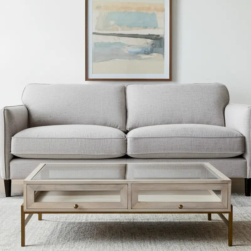 HomeRoots 44   Off White Clear And Gold Solid Wood Glass And Iron Storage Coffee Table - 43.5' X '15' X '43.5