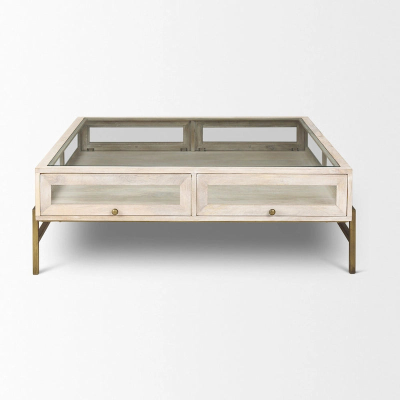 HomeRoots 44   Off White Clear And Gold Solid Wood Glass And Iron Storage Coffee Table - 43.5' X '15' X '43.5