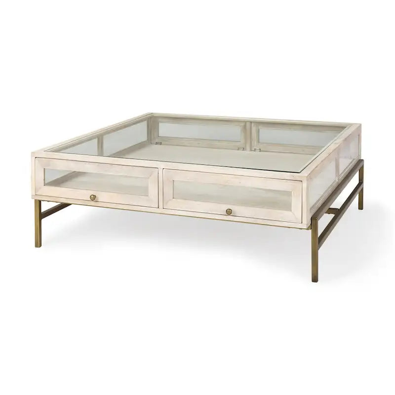 HomeRoots 44   Off White Clear And Gold Solid Wood Glass And Iron Storage Coffee Table - 43.5' X '15' X '43.5