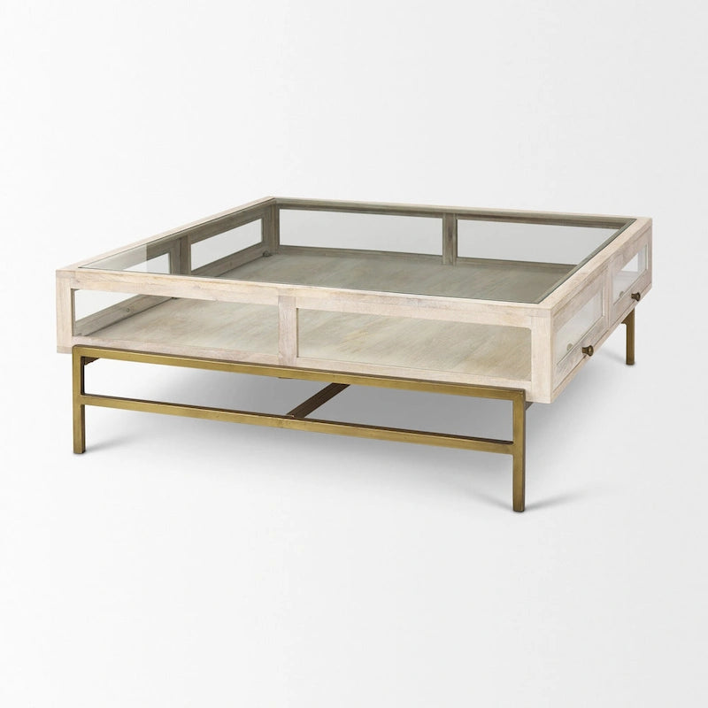 HomeRoots 44   Off White Clear And Gold Solid Wood Glass And Iron Storage Coffee Table - 43.5' X '15' X '43.5