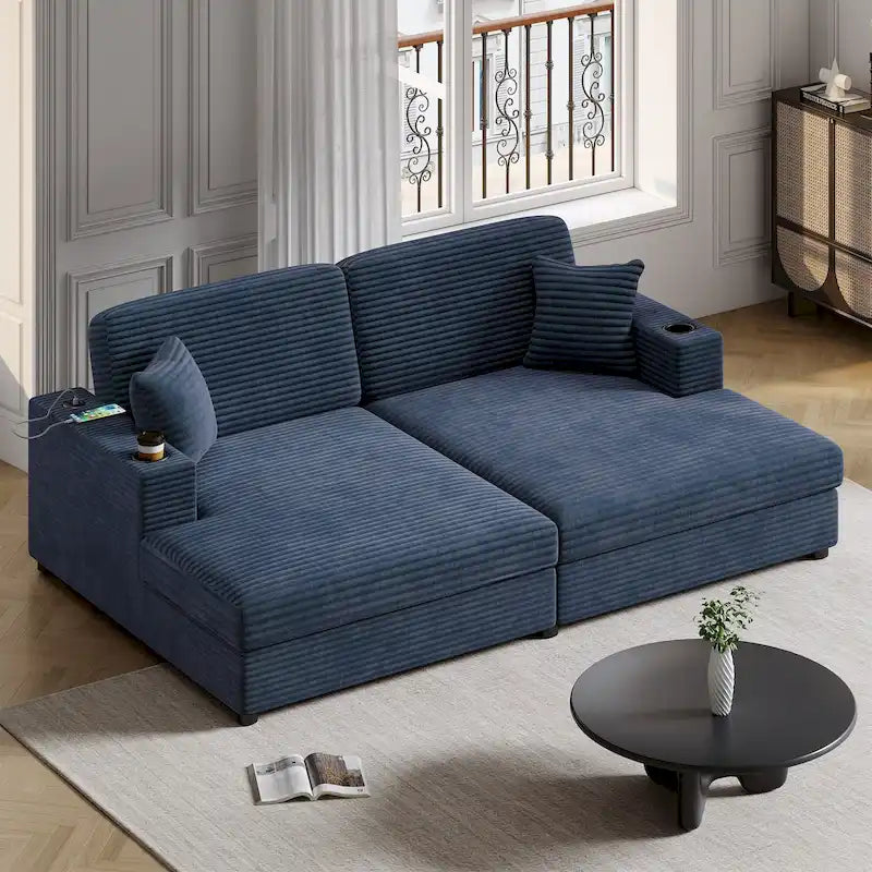 Roomfitters Oversized Loveseat Chaise Lounge Sectional Sofa Bed, Corduroy Sleeper with USB Ports, Cup Holders