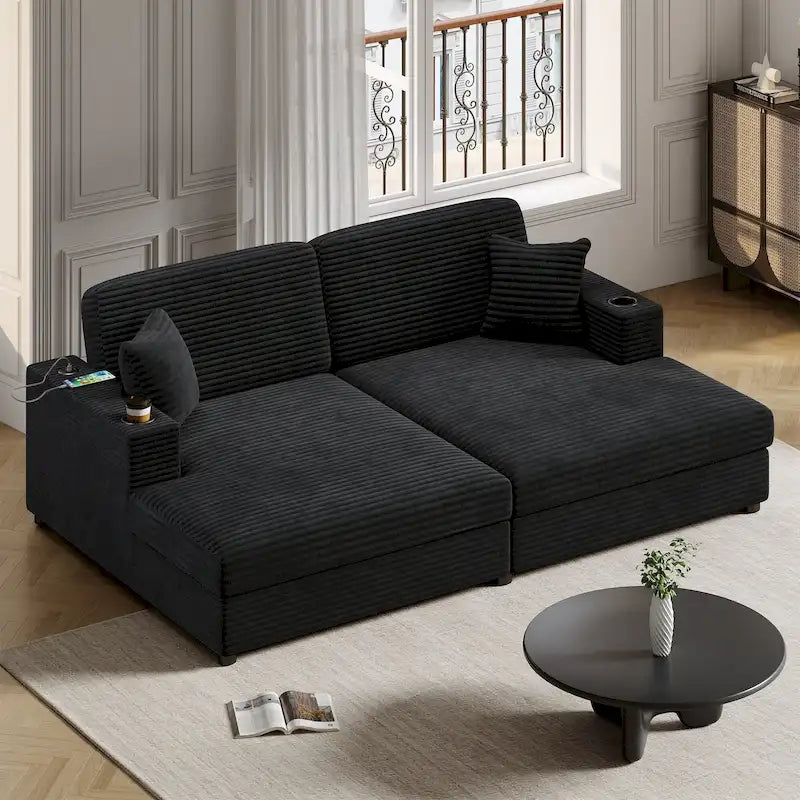 Roomfitters Oversized Loveseat Chaise Lounge Sectional Sofa Bed, Corduroy Sleeper with USB Ports, Cup Holders