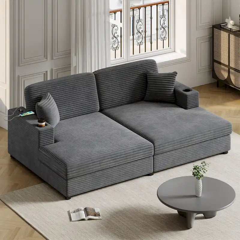 Roomfitters Oversized Loveseat Chaise Lounge Sectional Sofa Bed, Corduroy Sleeper with USB Ports, Cup Holders