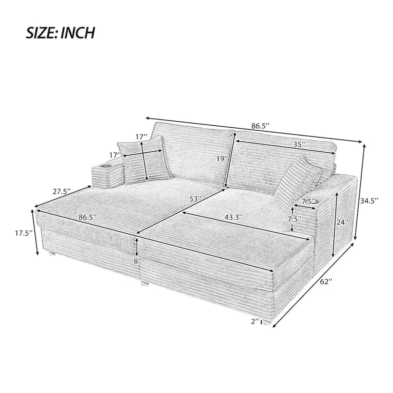 Roomfitters Oversized Loveseat Chaise Lounge Sectional Sofa Bed, Corduroy Sleeper with USB Ports, Cup Holders