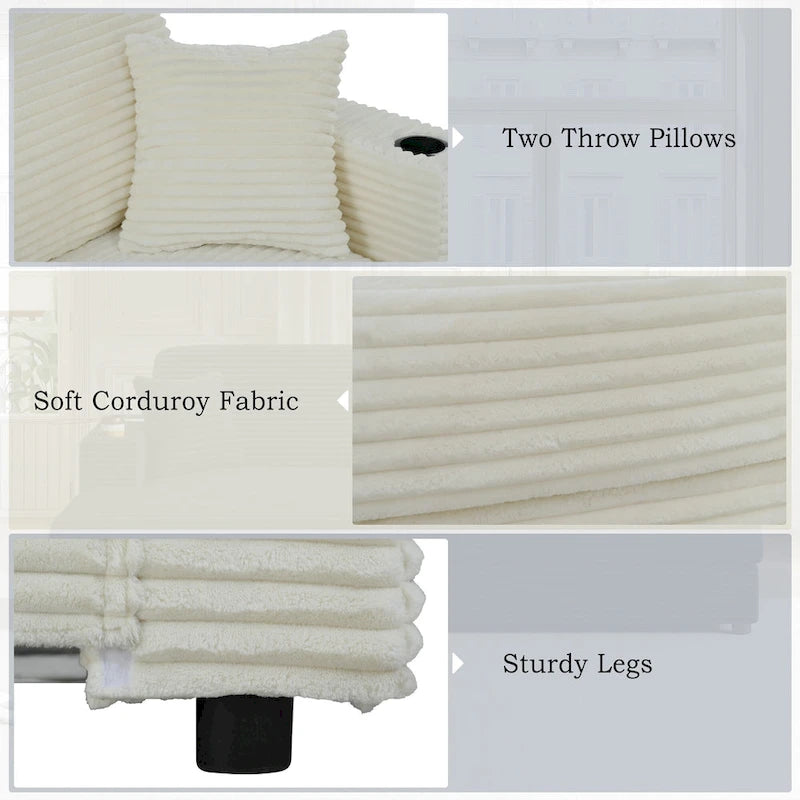 Roomfitters Oversized Loveseat Chaise Lounge Sectional Sofa Bed, Corduroy Sleeper with USB Ports, Cup Holders