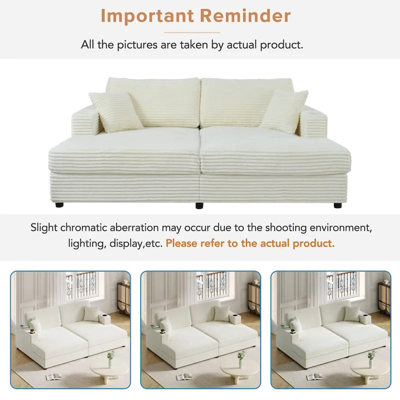 Roomfitters Oversized Loveseat Chaise Lounge Sectional Sofa Bed, Corduroy Sleeper with USB Ports, Cup Holders