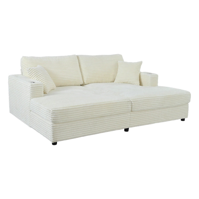 Roomfitters Oversized Loveseat Chaise Lounge Sectional Sofa Bed, Corduroy Sleeper with USB Ports, Cup Holders