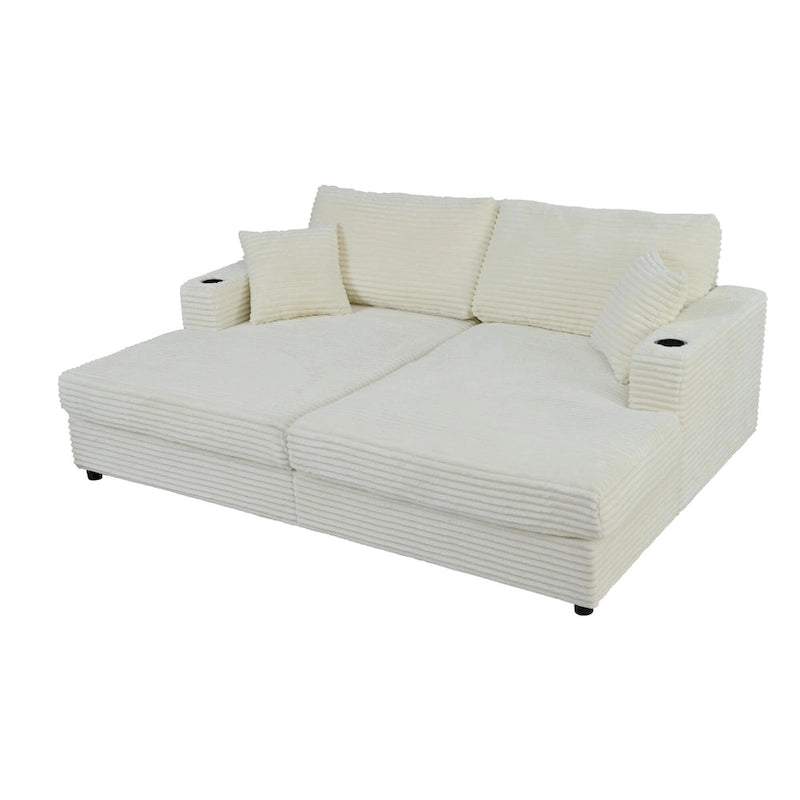 Roomfitters Oversized Loveseat Chaise Lounge Sectional Sofa Bed, Corduroy Sleeper with USB Ports, Cup Holders
