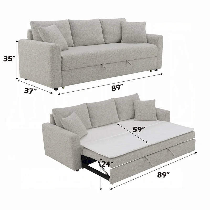 Conan Sleeper Sofa, Full Fold Out Bed, 2 Pillows, Gray Boucle, 89 Inch